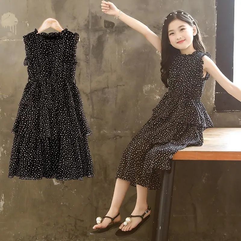 Girls polka dot chiffon princess cake dress in Black long summer silhouette