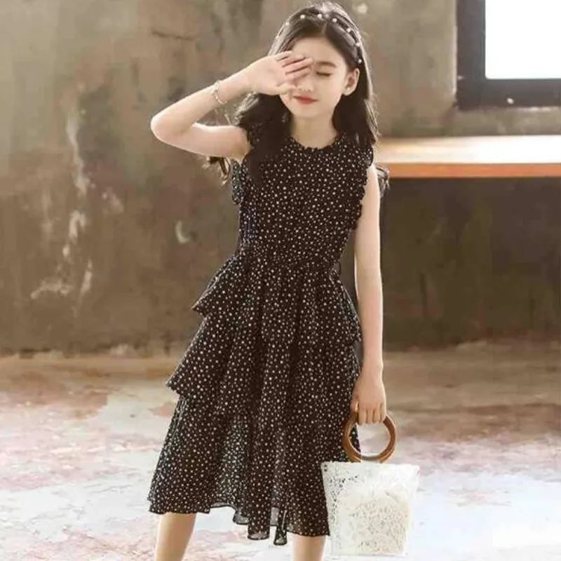 Girls Polka Dot Chiffon Princess Cake Dress Long Summer Outfit