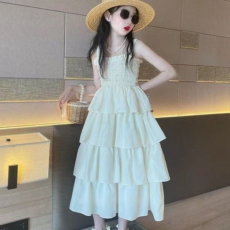 Girls White suspender cake princess dress for summer holiday and beach outings