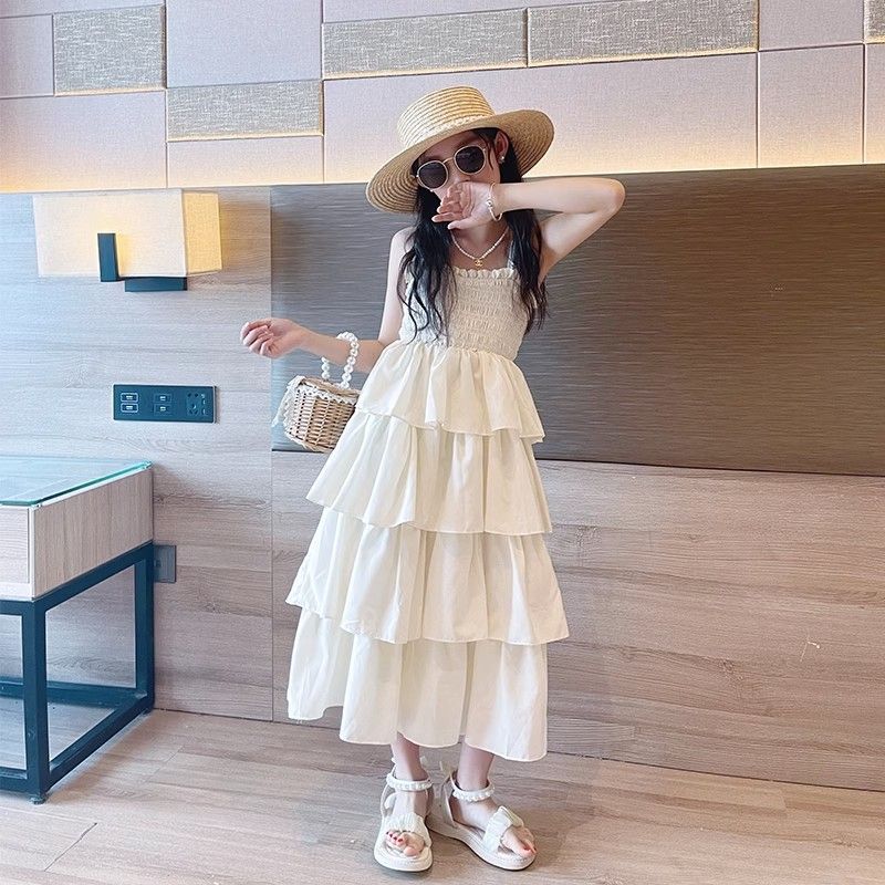 Girls White Suspender Cake Princess Dress Summer Holiday Outfit