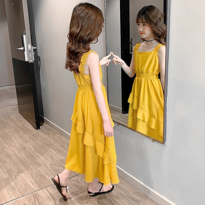 Girls tie-dye long princess beach dress with ink painting effect for summer