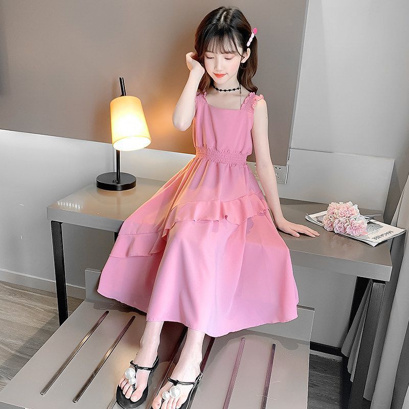 Girls Strap Princess Dress Summer Thin Solid Color Outfit