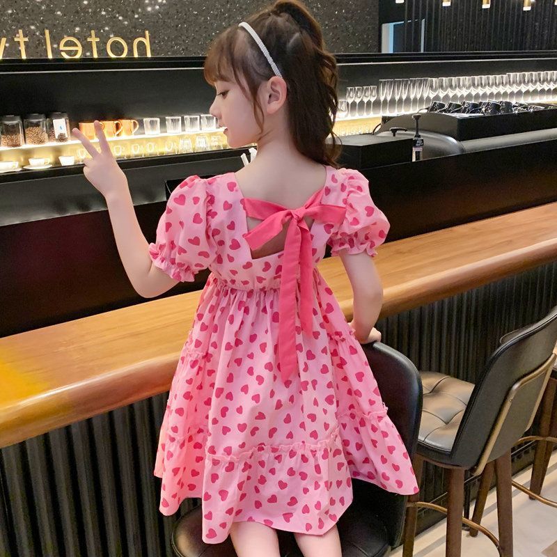 Girls Pink Heart Bow Princess Dress Summer High-End Dress