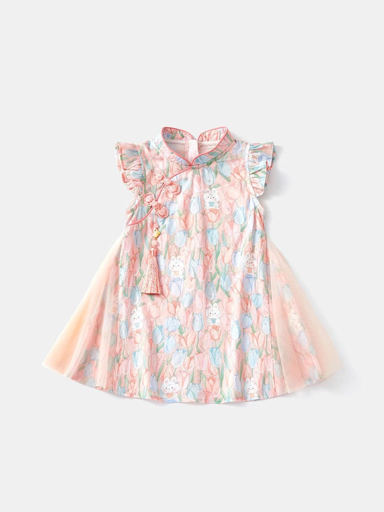 Girls Chinese cheongsam princess dress with tassel accent for birthday and summer wear