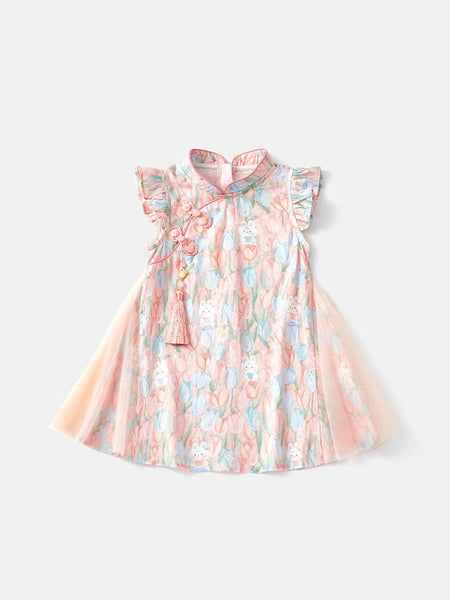 Girls Chinese cheongsam princess dress with tassel accent for birthday and summer wear