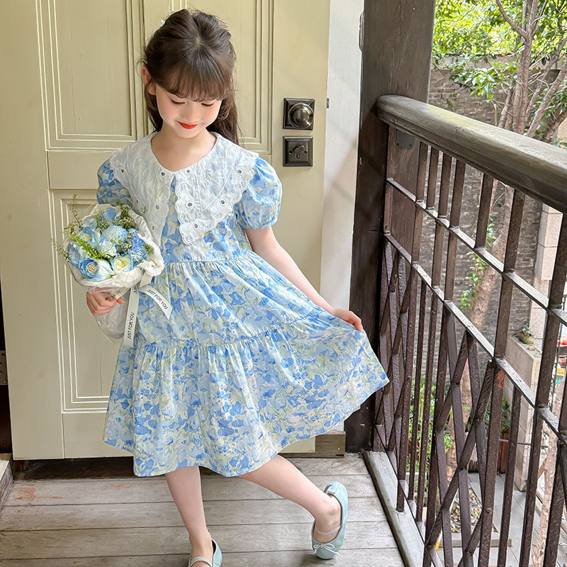 Girls blue floral princess dress with classic white collar and A-line silhouette