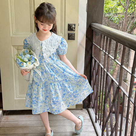Girls blue floral princess dress with classic white collar and A-line silhouette