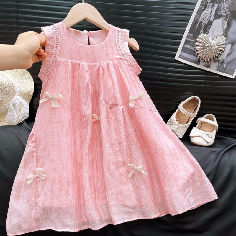 Girls Korean bow sundress with wrinkled texture and princess vest design
