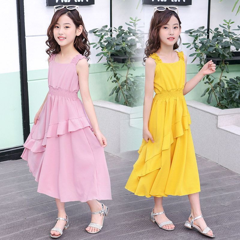Girls tie-dye long princess beach dress with ink painting effect for summer