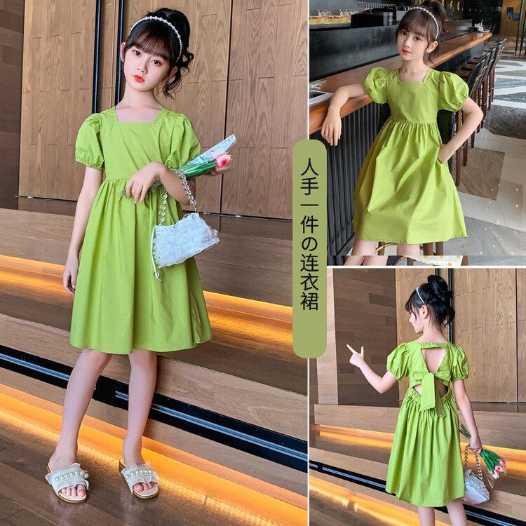 Girls Korean Backless Bow Princess Beach Dress Green Outfit