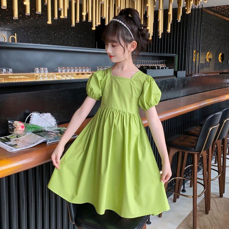 Green girls Korean backless bow princess beach dress for summer