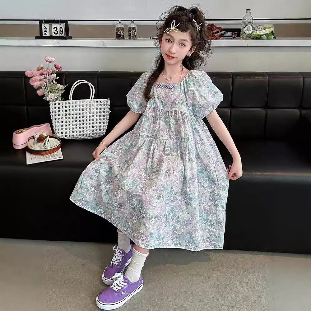 Purple girls Korean floral A-line princess dress with pearl neckline accent