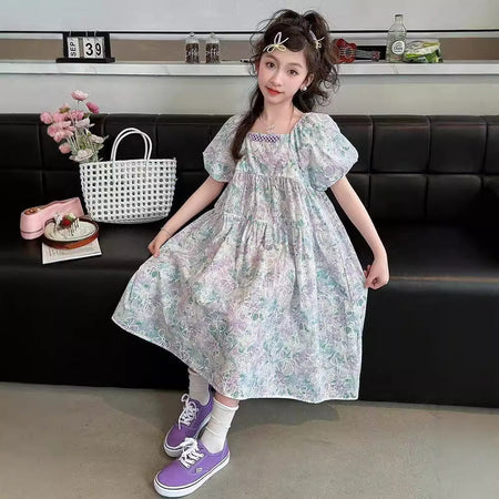 Purple girls Korean floral A-line princess dress with pearl neckline accent