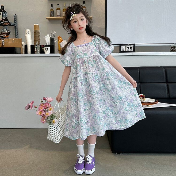 Girls Korean Floral A-Line Princess Dress Purple Summer Outfit