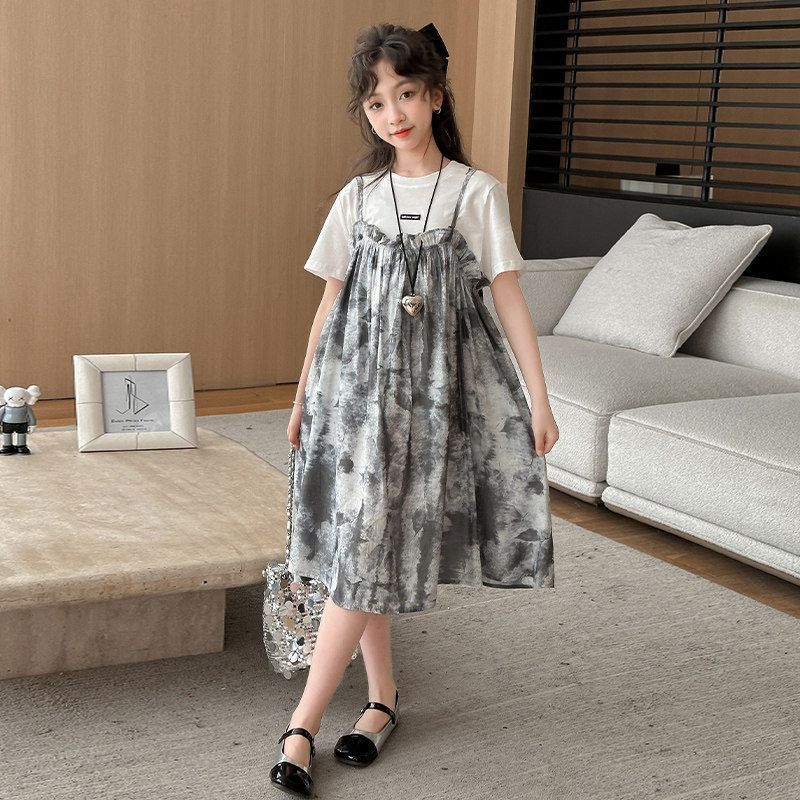 Girls tie-dye long princess beach dress with ink painting effect for summer