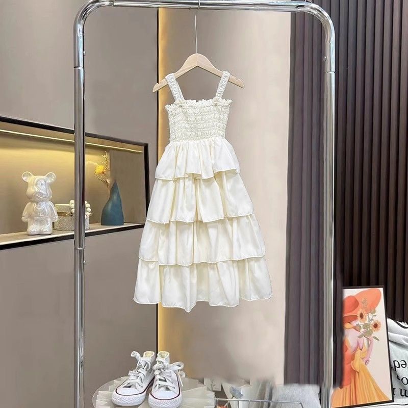 Girls polka dot chiffon princess cake dress in White long summer silhouette