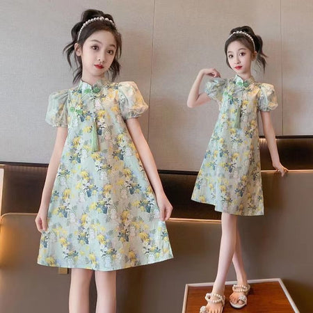 Girls vintage rabbit cheongsam dress in Chinese-inspired summer style