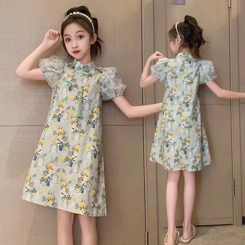 Girls Vintage Rabbit Cheongsam Dress Summer Chinese Outfit
