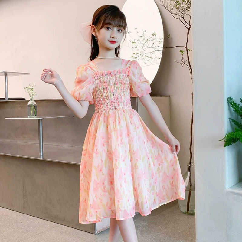 Girls puff sleeve princess dress for summer party and casual occasions