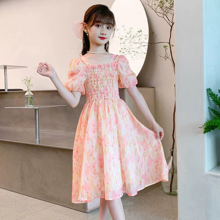 Girls puff sleeve princess dress for summer party and casual occasions