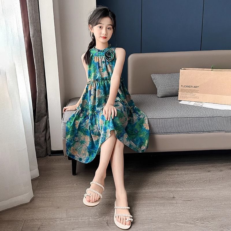 Blue girls floral beach sling dress with flowing princess-style summer silhouette