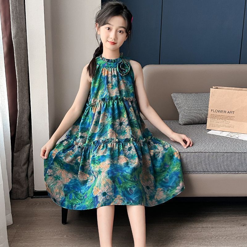 Girls Floral Beach Sling Dress Blue Rose Summer Outfit