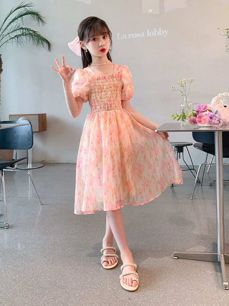 Girls Puff Sleeve Princess Dress Elegant Summer Outfit