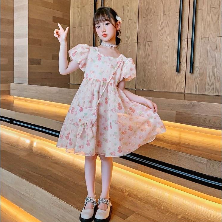 Girls tie-dye long princess beach dress with ink painting effect for summer
