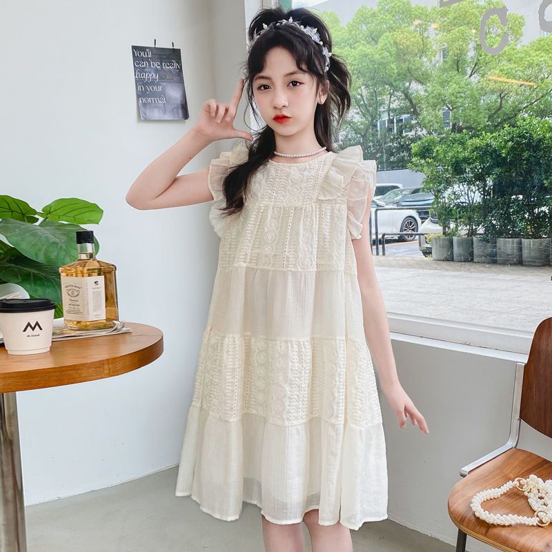 Girls chiffon suspender princess dress with patchwork detail and double flying sleeves