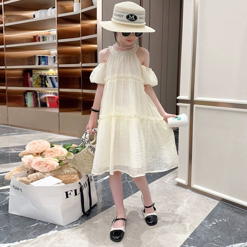 Girls off-shoulder chiffon princess summer dress with flowing A-line silhouette