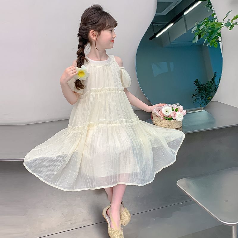 Girls Off-Shoulder Chiffon Princess Dress Summer Outfit
