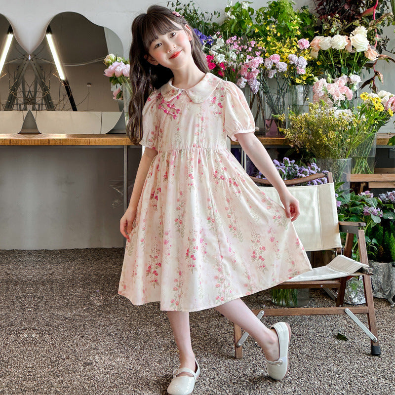 Girls floral princess dress with round neck doll collar and double-button detail