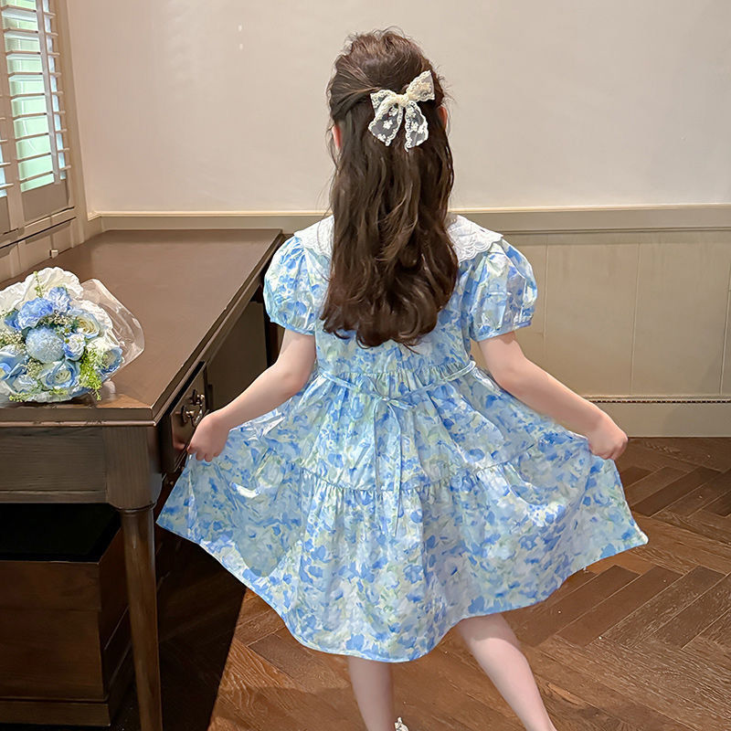 Girls blue floral long princess dress with oversized white collar for summer