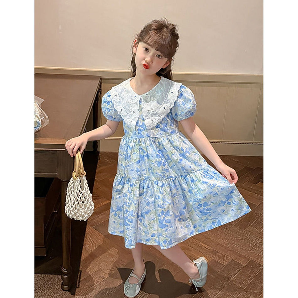 Girls Blue Floral Princess Long Dress White Collar Outfit