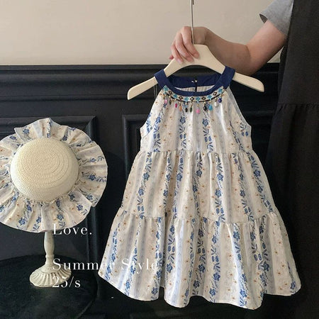 Girls blue floral halter princess dress with ethnic-inspired summer style