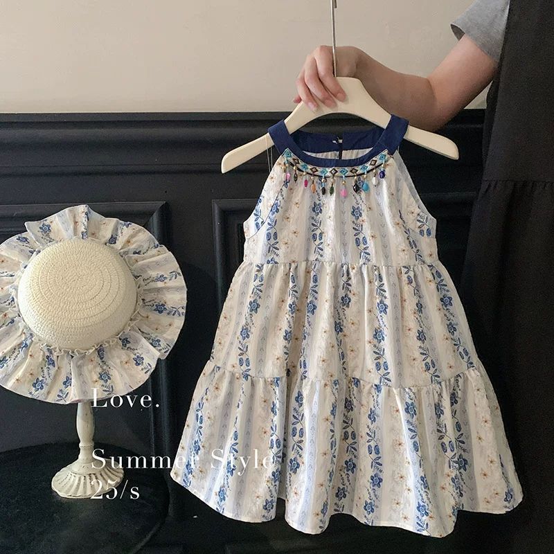 Girls blue floral halter princess dress with ethnic-inspired summer style
