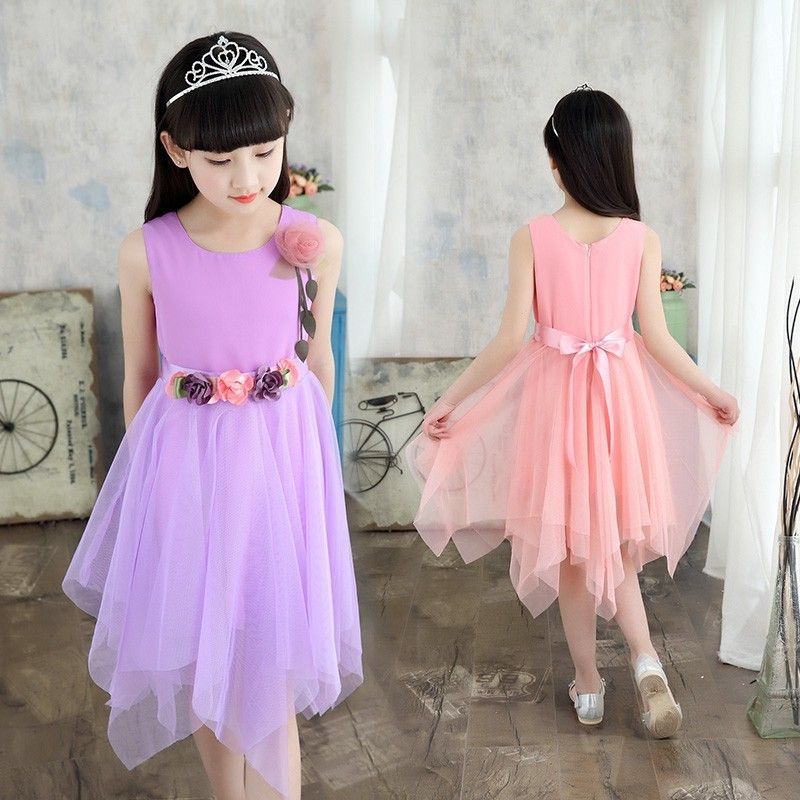 Purple girls Korean irregular hemline princess dress in gauze for summer