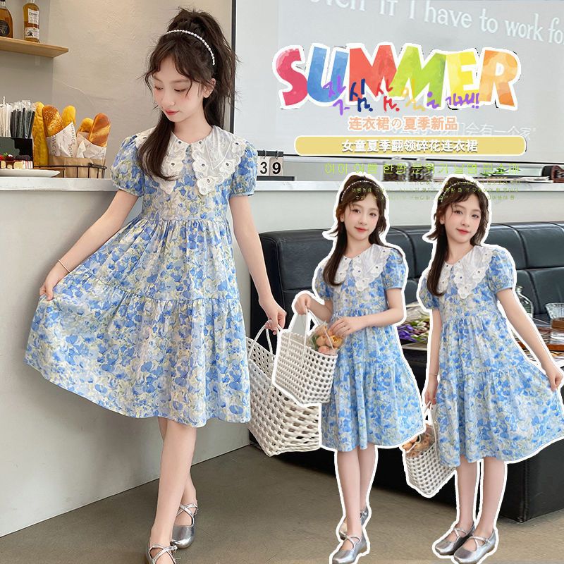 Girls Blue Floral Princess Dress White Collar Summer Outfit