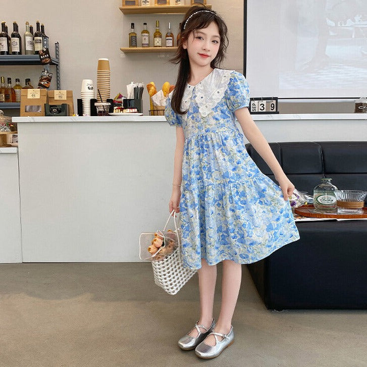 Girls blue floral princess dress with classic white collar and A-line silhouette