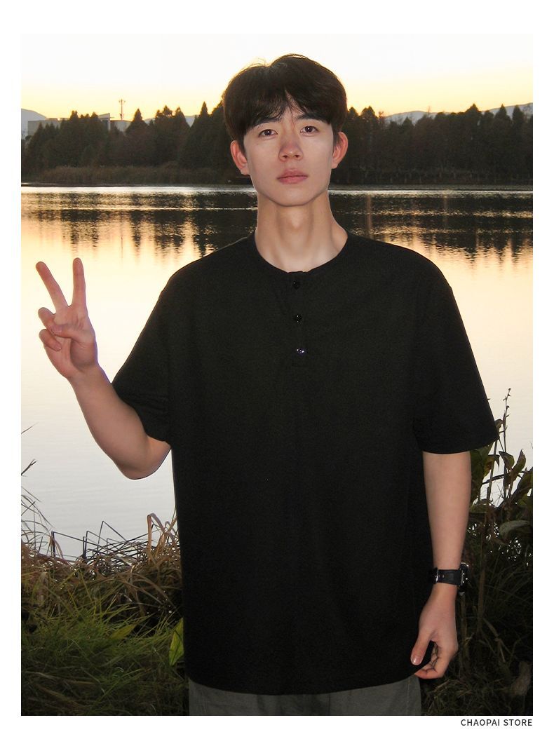 Men's Waffle Henley Shirt Loose Fit Summer Quarter Sleeve Top
