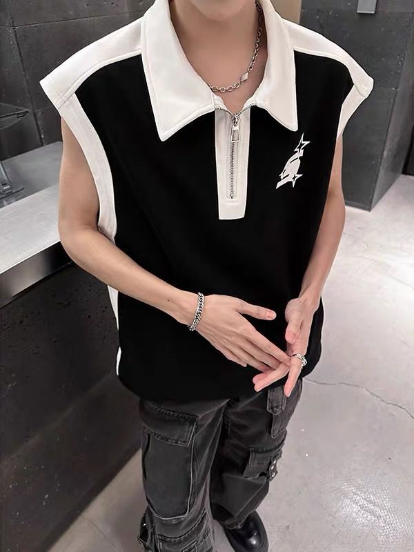 Men's Half Zip Lapel Sleeveless Vest Cotton Slim Fit Summer Tee