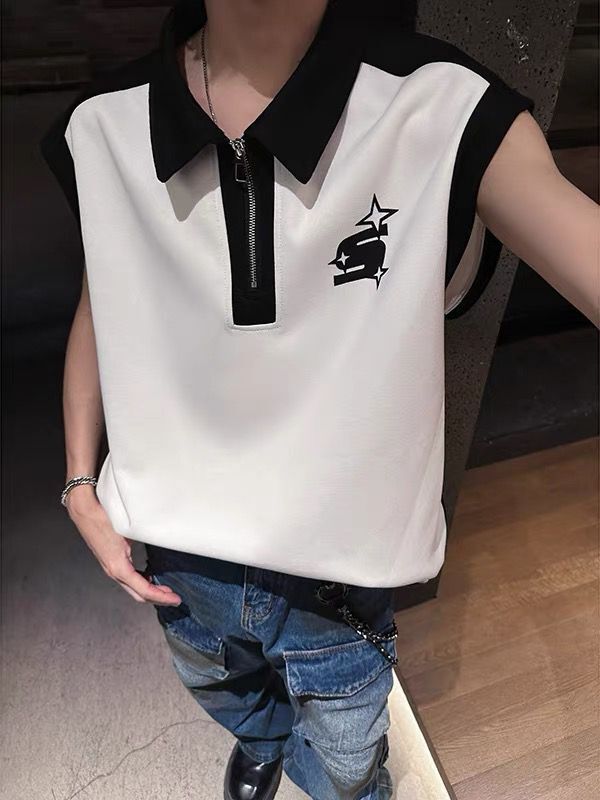 Men's Half Zip Lapel Sleeveless Vest Cotton Slim Fit Summer Tee