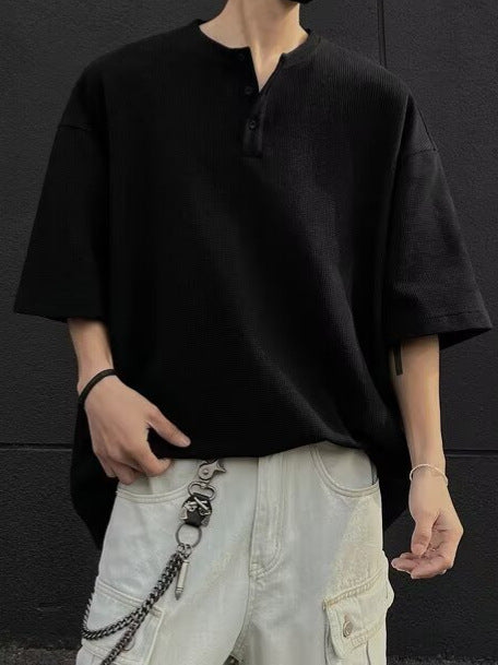 Men's Waffle Henry Collar Loose Fit Summer Casual T-Shirt