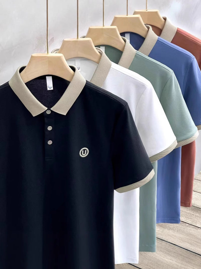 Men's Ice Silk Embroidered Polo Shirt Slim Fit Summer Tee White