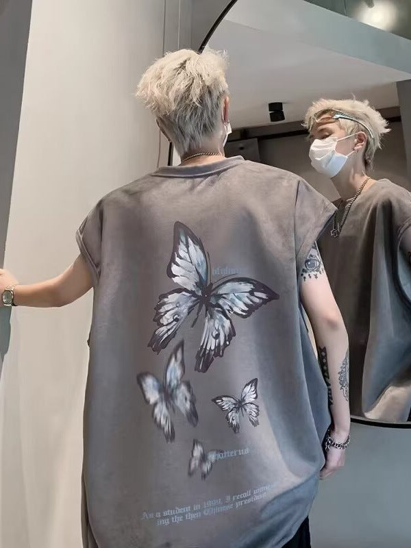 Distressed Suede Butterfly Print Sleeveless Vest for Men