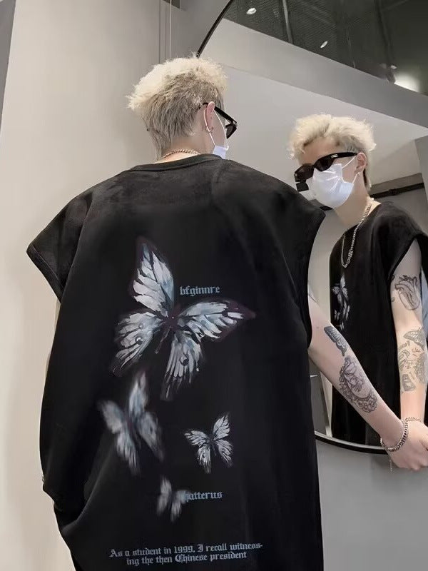 Distressed Suede Butterfly Print Sleeveless Vest for Men