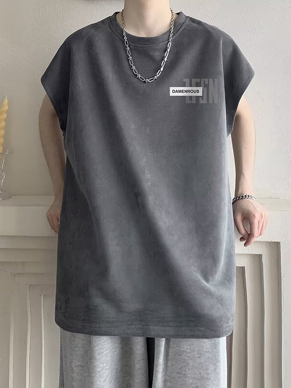 Men Suede Sleeveless Vest Loose Fit Washed Retro Summer Tank