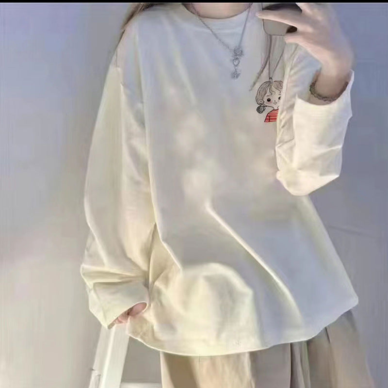 Women Loose Cotton Long Sleeve Round Neck Casual Crop T Shirt