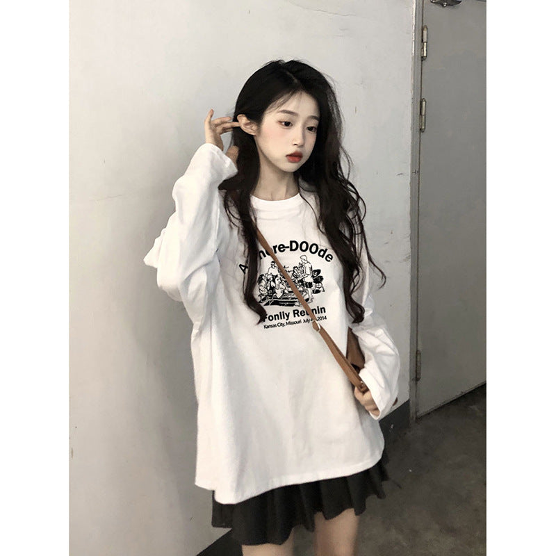 Women Loose Cotton Printed Long Sleeve Casual Round Neck Top