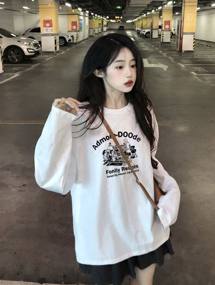 Women Loose Cotton Printed Long Sleeve Casual Round Neck Top